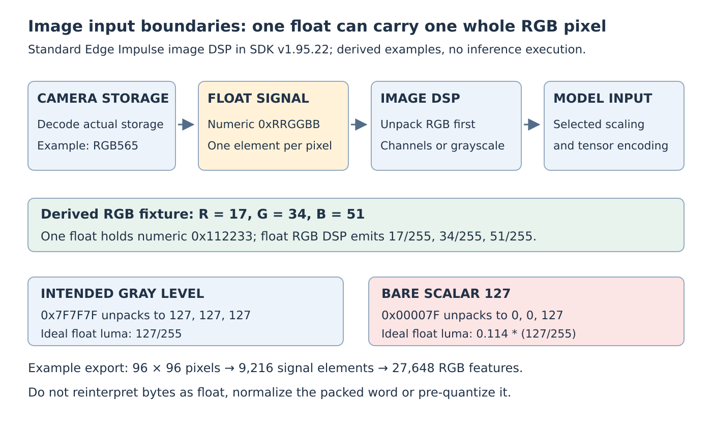 Camera storage is decoded into one numeric packed RGB value per float signal element, then image DSP expands it into channels or grayscale before tensor encoding. A derived gray fixture contrasts equal-channel 0x7F7F7F with bare scalar 127, which unpacks as blue-only 0x00007F.
