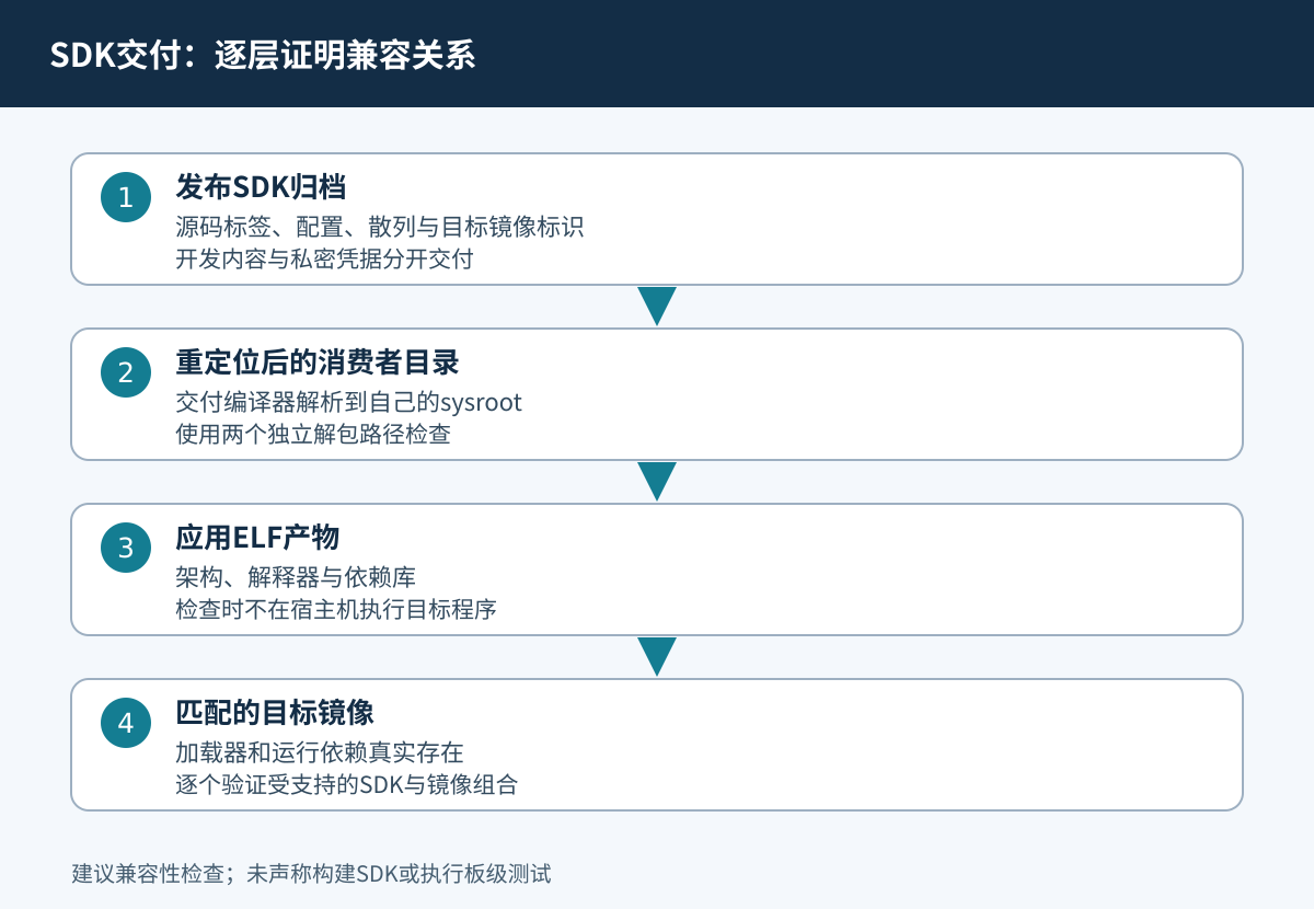 SDK先与镜像配对，经重定位生成应用，再检查目标运行时兼容性。