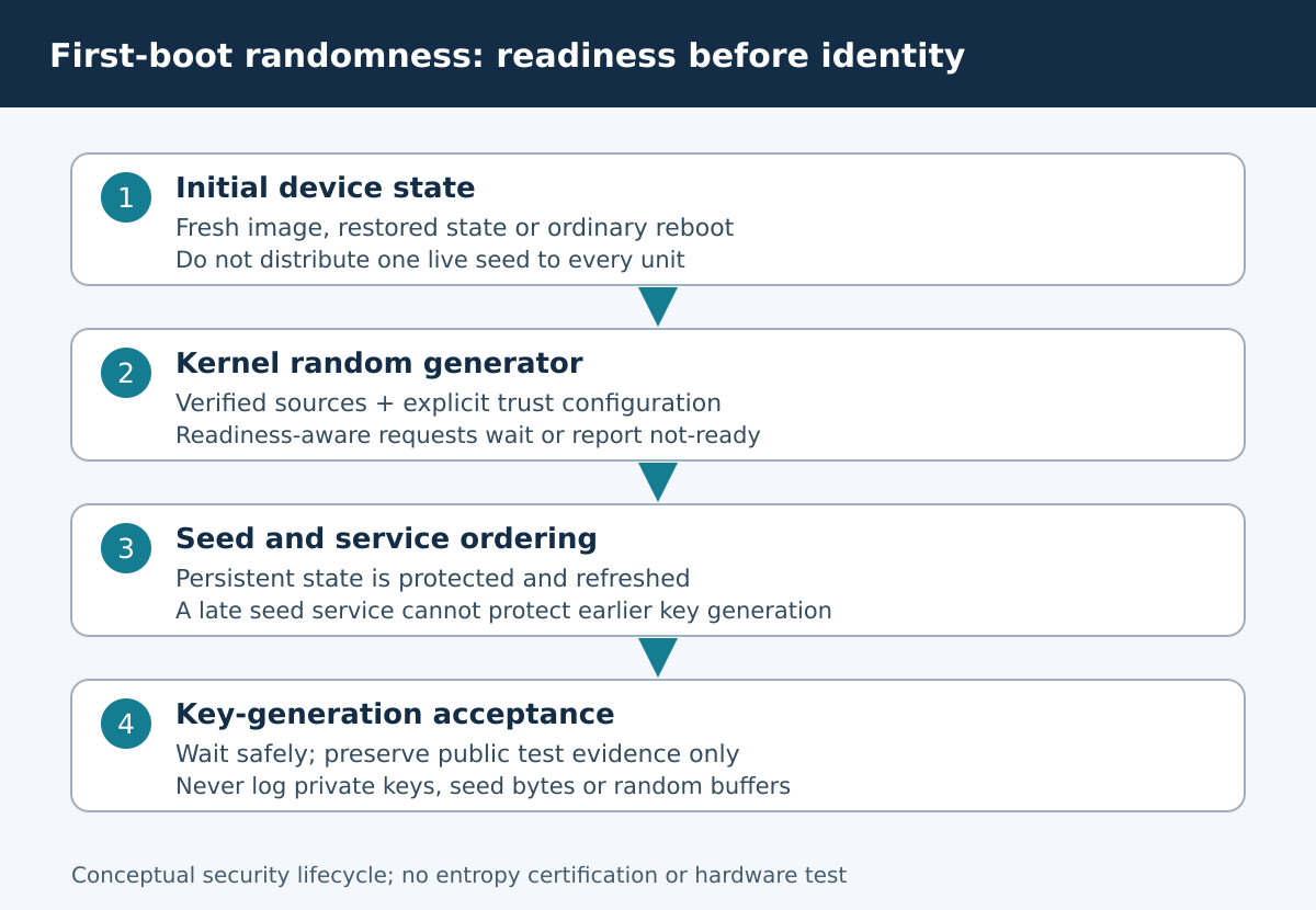 Device state feeds kernel readiness and seed-service ordering before accepted key generation.