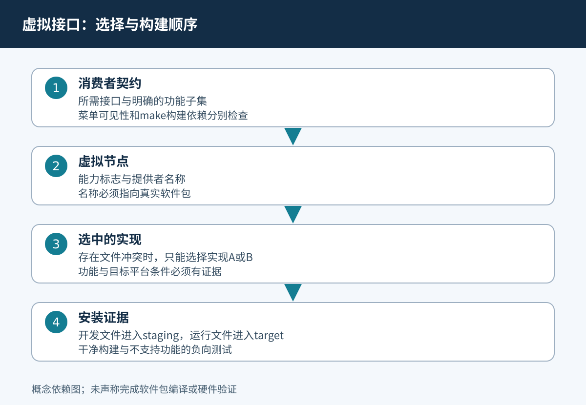 消费者通过虚拟接口选择具体实现，再验证开发和运行文件。