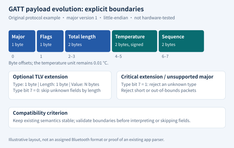 Illustrative eight-byte header followed by bounded optional TLV fields; unknown optional fields can be skipped.