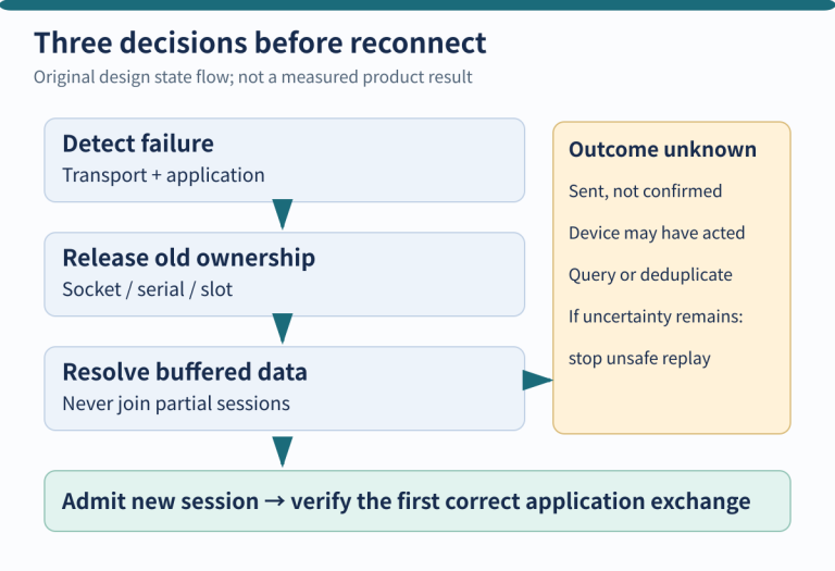 Reconnect state flow separates stale-session cleanup, frame handling, and unknown command outcomes.