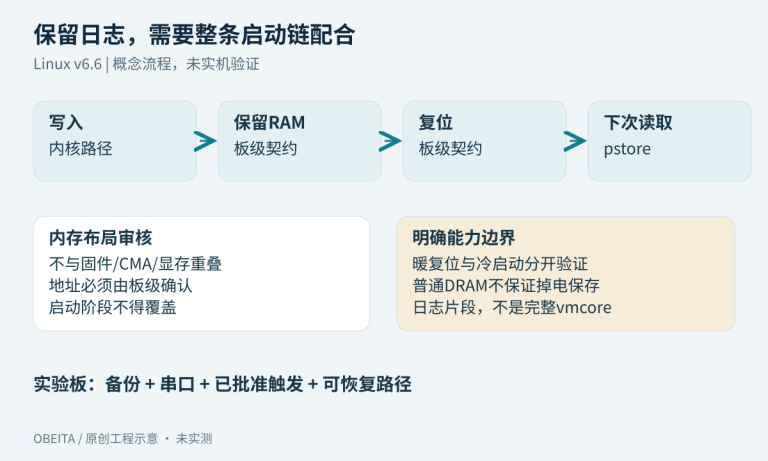 内核写入保留RAM、经过复位保留、下一次启动通过pstore读取并归档的证据链。