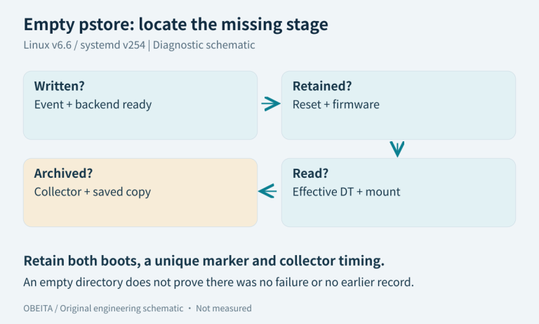 Four-stage diagnostic path for empty pstore: written, retained, read and archived, with evidence required at each stage.