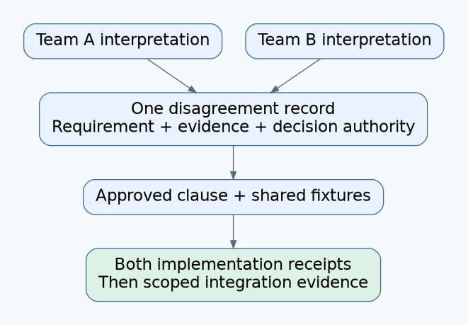 Two teams supply interpretations to one evidence-backed decision record, which produces an approved clause and shared fixtures before implementation and integration receipts.