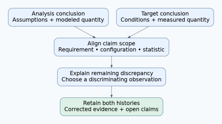 Analysis and target conclusions are aligned by requirement and configuration before a discriminating observation supports a corrected evidence record.