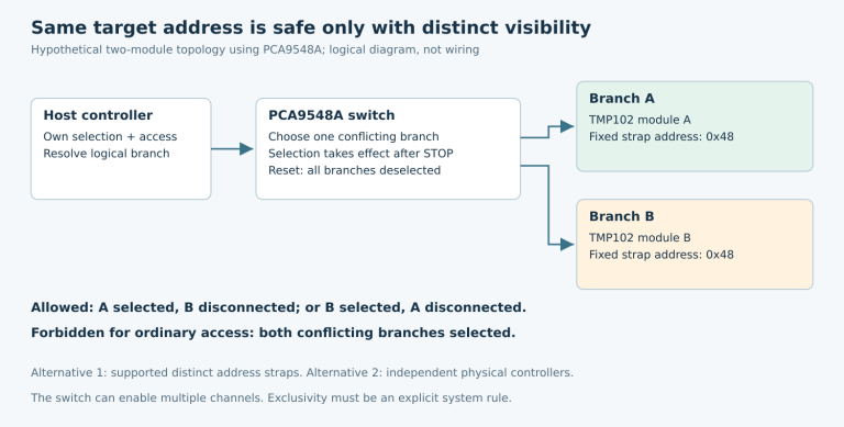 One host and a PCA9548A switch connect to two hypothetical TMP102 modules with identical addresses; the policy allows only one conflicting branch at a time.