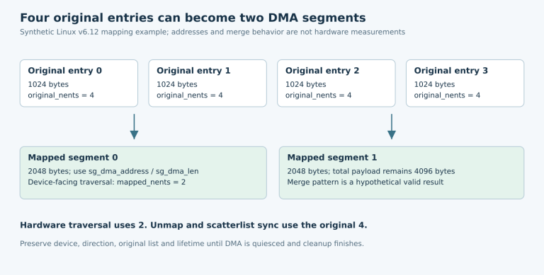 Four synthetic 1024-byte scatterlist entries map into two 2048-byte DMA segments, with original count retained for unmap and synchronization.