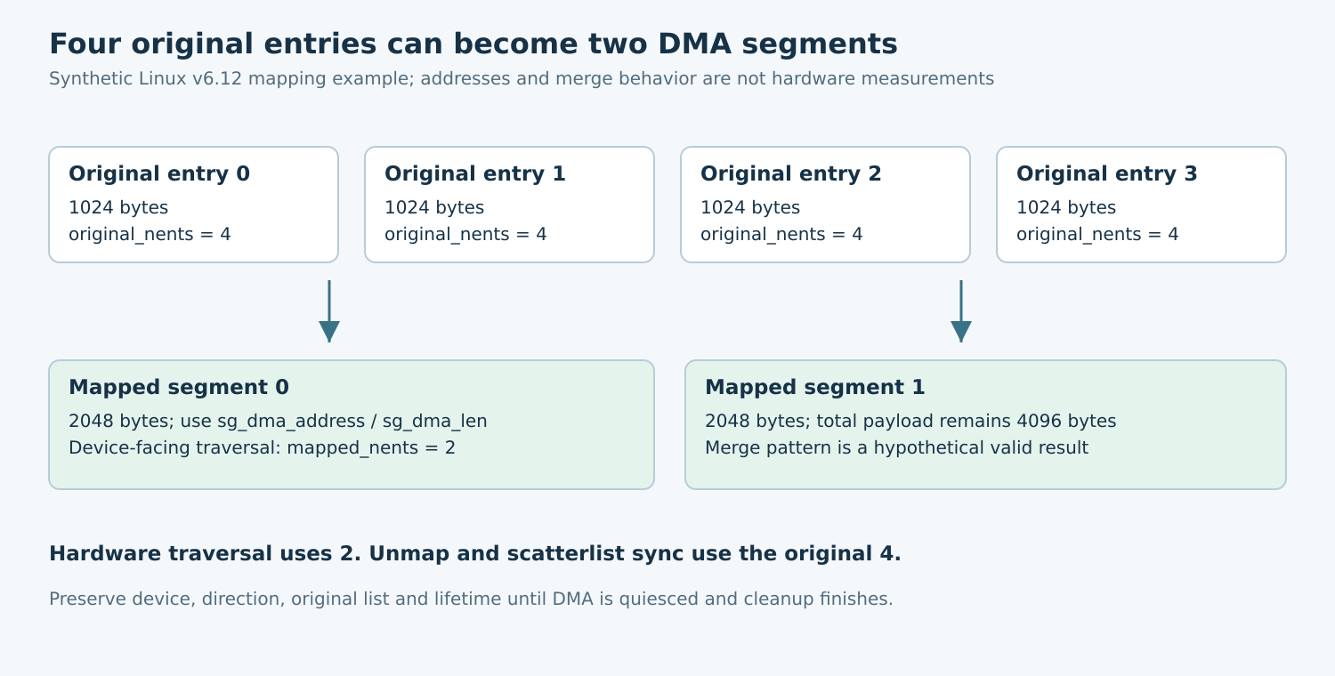 Four synthetic 1024-byte scatterlist entries map into two 2048-byte DMA segments, with original count retained for unmap and synchronization.