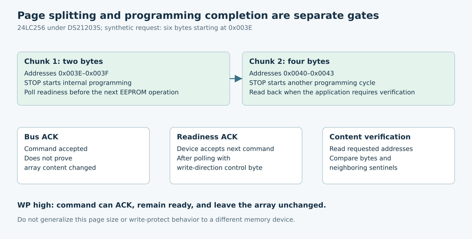Two EEPROM page chunks lead through separate bus acceptance, readiness polling and content-verification gates, including the WP-high no-write case.