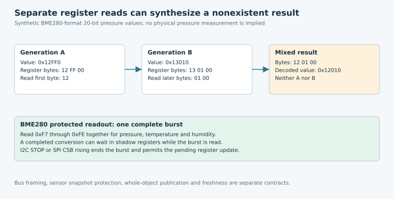Two synthetic BME280-format generations combine into an invalid mixed value when read separately; a complete protected burst preserves one generation.
