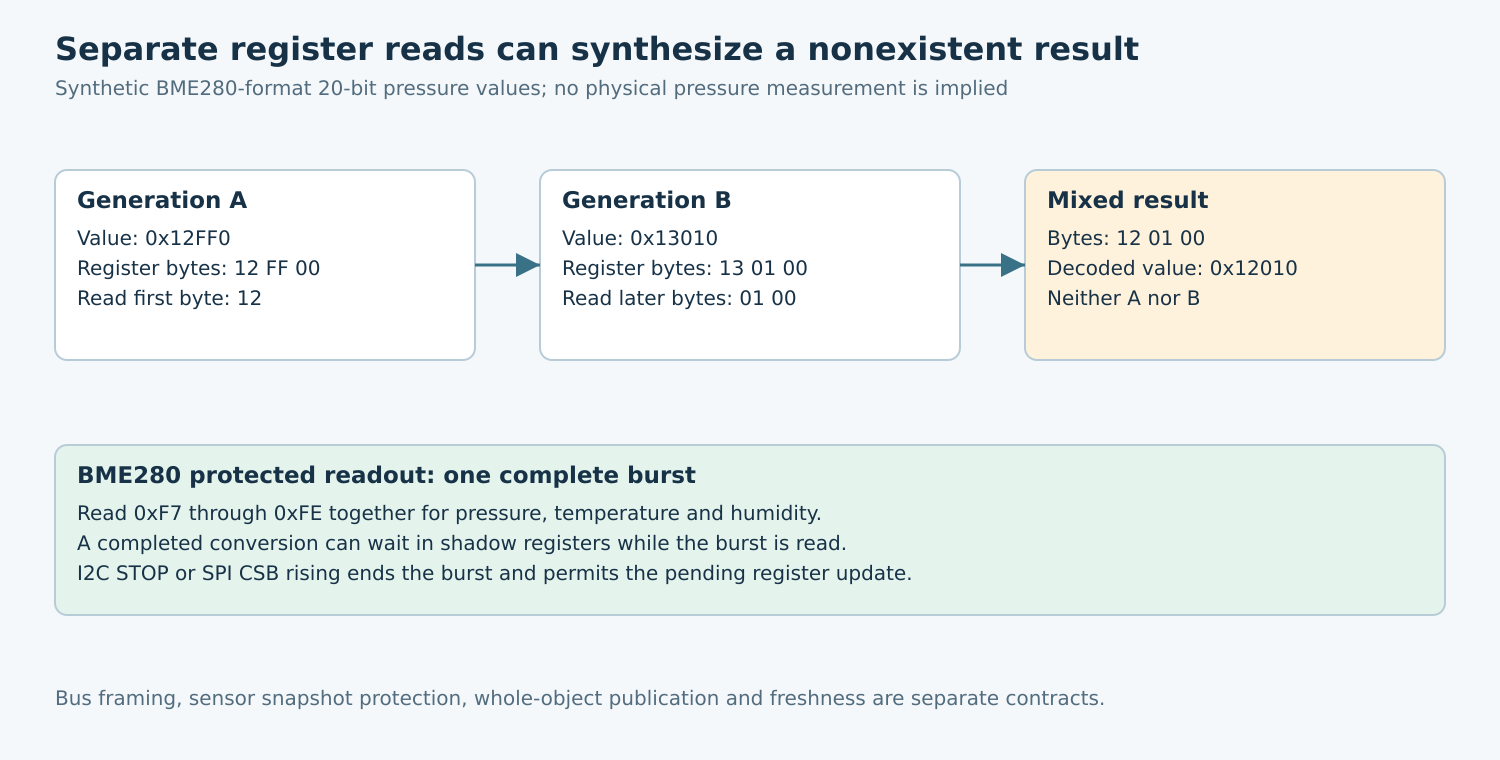Two synthetic BME280-format generations combine into an invalid mixed value when read separately; a complete protected burst preserves one generation.