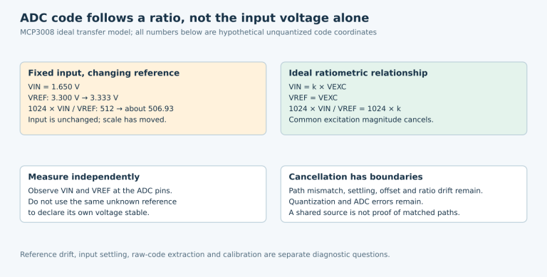 Hypothetical fixed-input reference change shifts the ideal MCP3008 code coordinate, while an ideal shared-excitation ratio cancels the common magnitude.