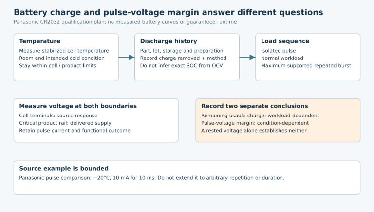 A temperature, discharge-history and load-sequence matrix leads to separate measurements at the cell and critical product rail and separate charge and pulse-margin conclusions.