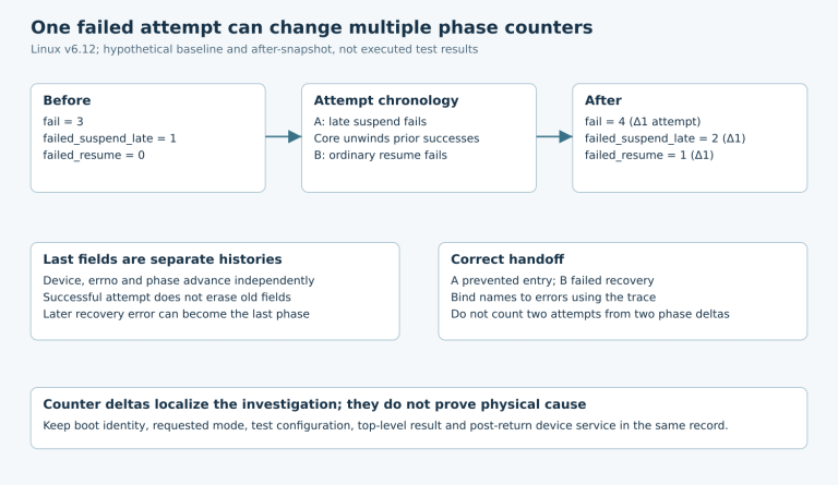 A hypothetical late suspend failure followed by a resume failure increments one overall failure and two phase counters; separate history fields require trace correlation.