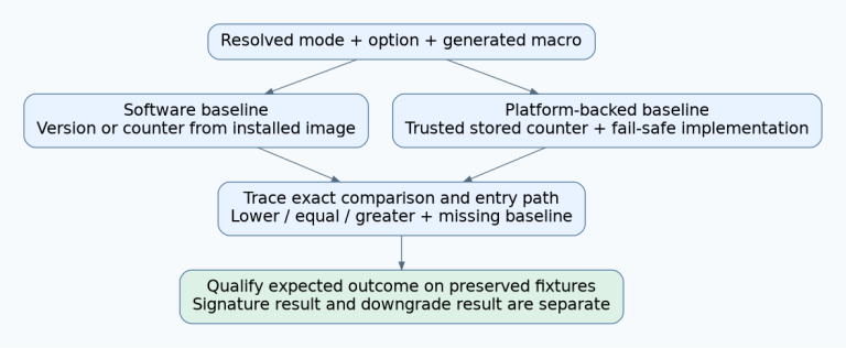 Resolved update options choose software image metadata or a platform-backed counter baseline; the exact comparison and path are traced before separate signature and downgrade outcomes are qualified.