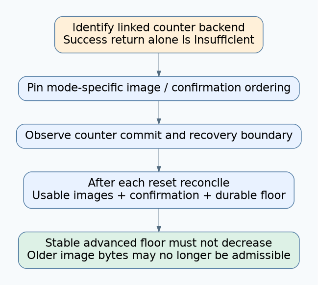 Identify the linked counter backend, trace mode-specific image and confirmation ordering, observe commit recovery, and reconcile usable images with the durable minimum after reset.
