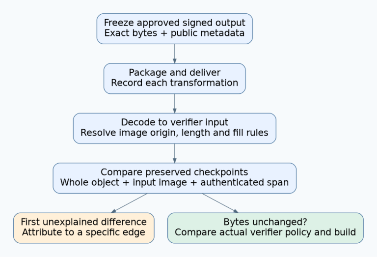 A frozen signed artifact passes recorded packaging and decoding steps; checkpoint comparisons locate the first unexplained difference or redirect diagnosis to verifier policy when bytes match.