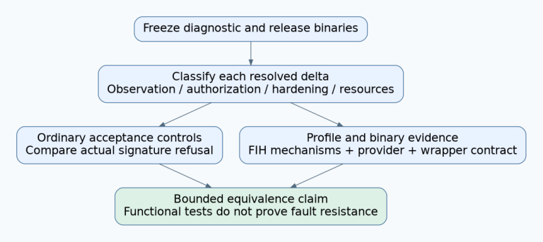 Two frozen binaries produce classified configuration deltas, then separate ordinary acceptance controls and FIH mechanism evidence support a bounded equivalence claim.