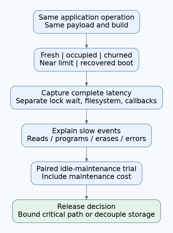 Flow from a fixed application operation through five filesystem histories, complete latency tracing, maintenance comparison, and scheduling decision.
