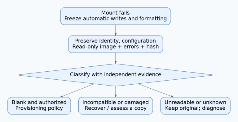 Mount-failure decision tree first preserves evidence, then separates authorized blank provisioning, copy-based recovery, and unresolved read failures.