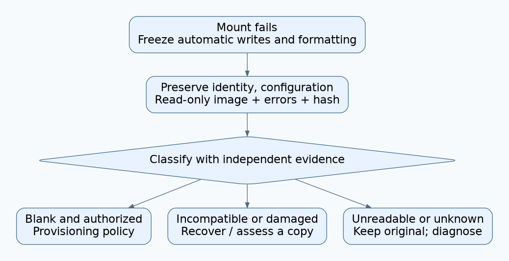 Mount-failure decision tree first preserves evidence, then separates authorized blank provisioning, copy-based recovery, and unresolved read failures.