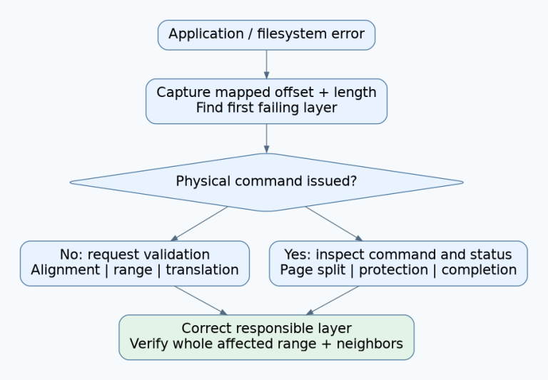 Error-origin map separates requests rejected before a physical command from failures after command submission, then verifies the affected and neighboring ranges.