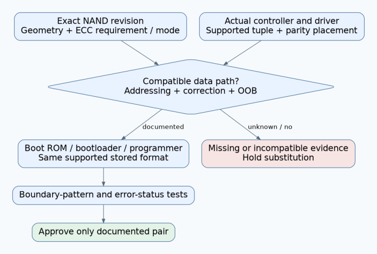 NAND media requirements and controller capabilities meet at a compatibility gate, followed by stored-format agreement and boundary/error tests.