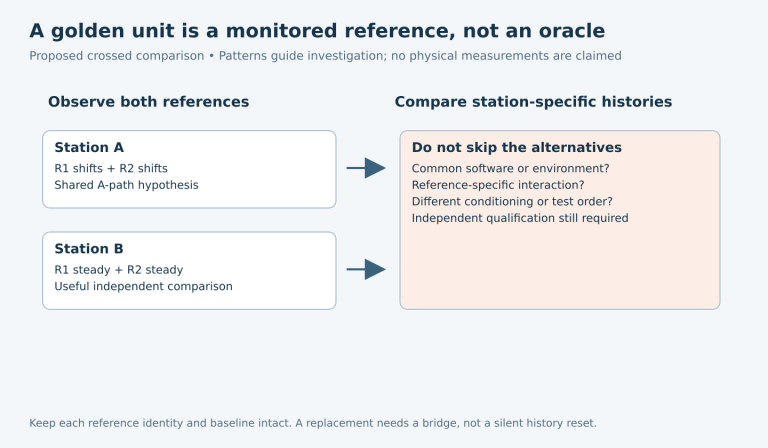 A hypothetical two-reference two-station comparison points toward station A while retaining common-cause, interaction and conditioning alternatives.