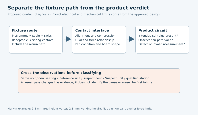 The fixture route, contact interface and product circuit are examined separately, then controlled unit and station comparisons inform an explicit failure classification.