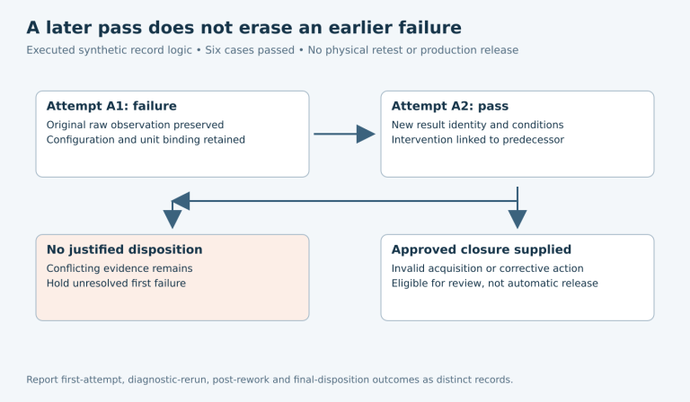 A failed first attempt and passing second attempt remain distinct; unresolved conflict stays held while approved invalidation or corrective closure only enables authorized review.