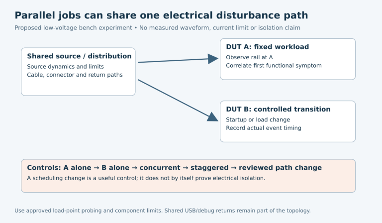 A shared source and distribution path feed two DUTs; A remains at a fixed workload while B changes load, with separate load-point observations and controlled comparison conditions.