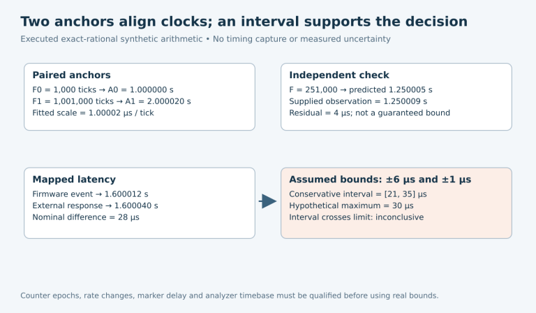 Two synthetic anchor pairs define a firmware-to-analyzer mapping, an independent marker leaves a four-microsecond residual, and a nominal 28-microsecond latency becomes a 21-to-35-microsecond assumed-bound interval crossing a 30-microsecond requirement.
