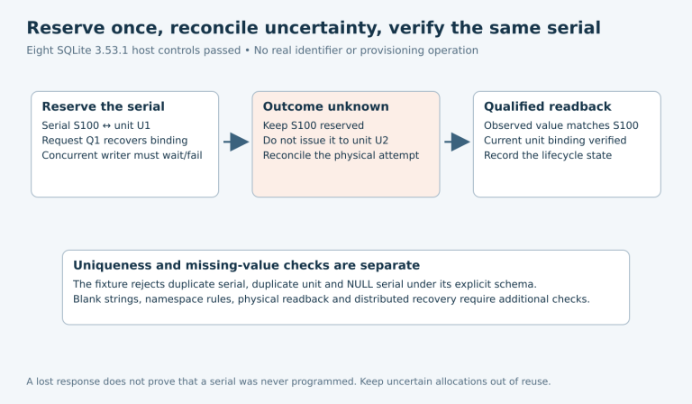 A serial is reserved for a unit and allocation request, retained during uncertain programming, and advanced only after matching qualified readback; schema and additional validation boundaries remain explicit.
