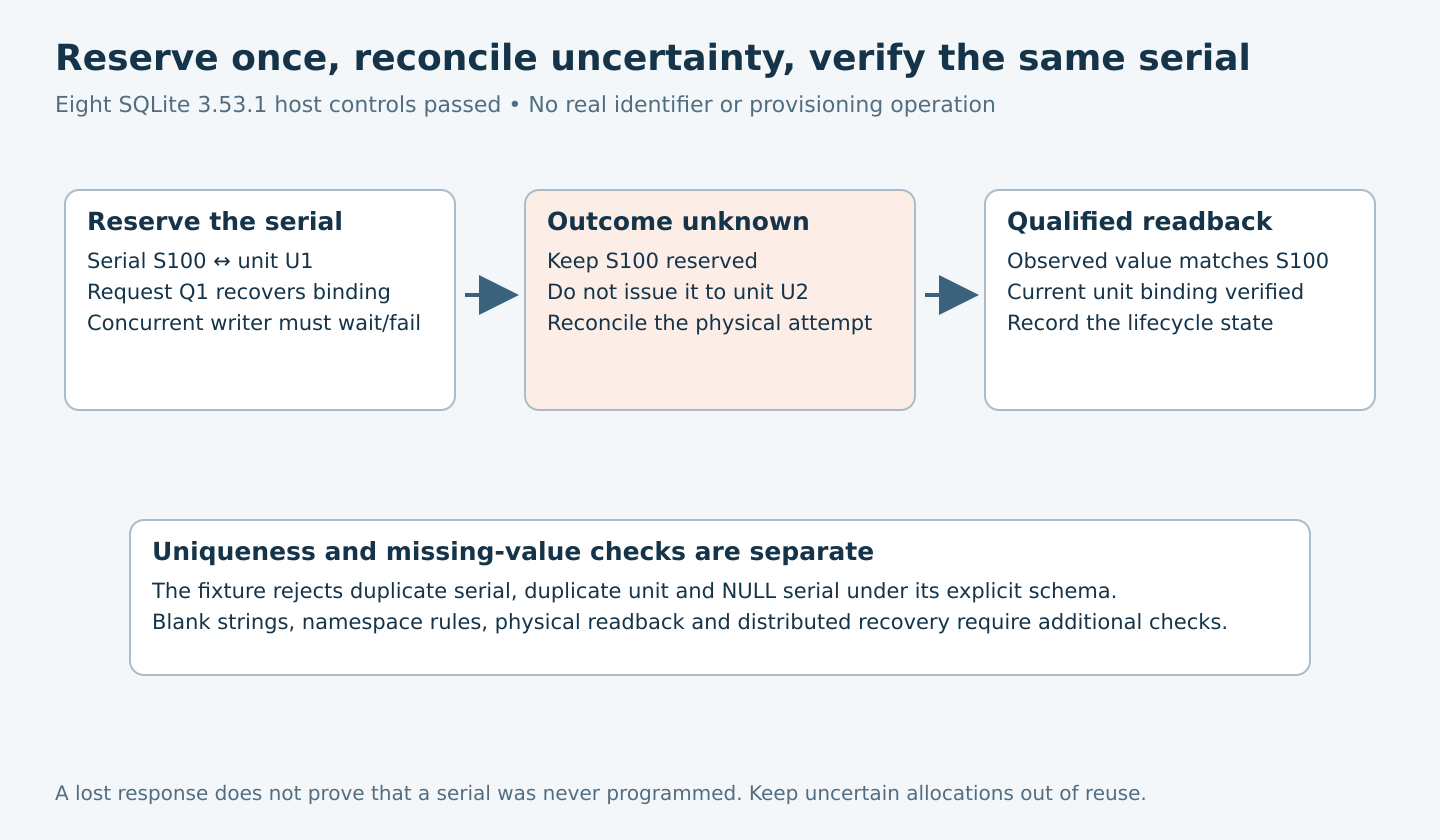 A serial is reserved for a unit and allocation request, retained during uncertain programming, and advanced only after matching qualified readback; schema and additional validation boundaries remain explicit.
