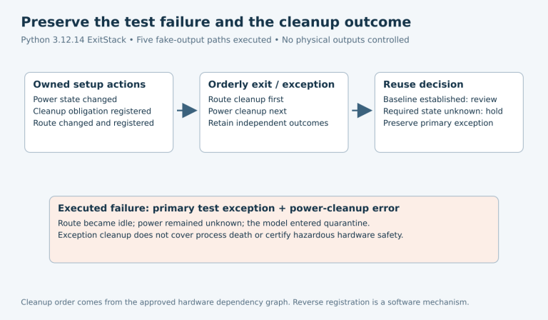 Owned setup actions register cleanup obligations; orderly exit performs route then power cleanup, while a power-cleanup failure preserves the primary error and quarantines unknown state.