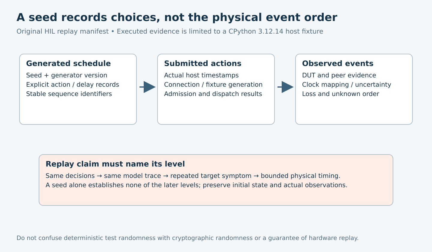 Three separate records show generated schedule, actual submitted actions and observed DUT or peer events, with progressively stronger replay claims requiring more evidence.