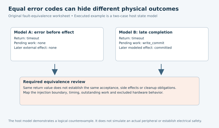 Two host models both return timeout; one has no effect and the other later commits a modeled write, requiring an explicit causal-equivalence review.