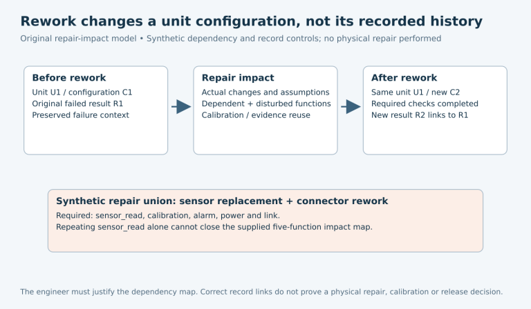 Original unit U1 failure R1 under configuration C1 remains preserved while a repair-impact map selects dependent and disturbed functions for a new linked result R2 under C2.