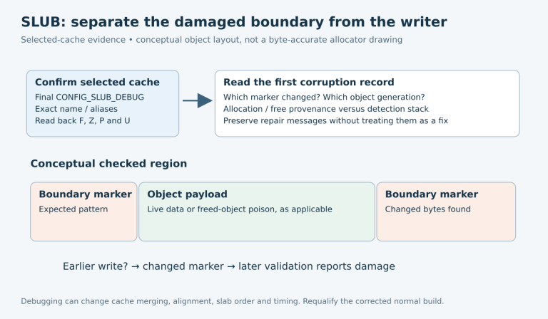 A selected SLUB cache is verified before analyzing changed boundary markers, allocation and free provenance, and the later detection stack.