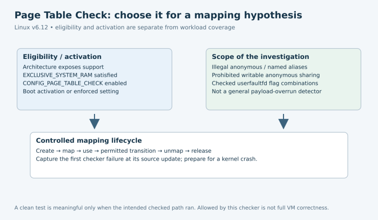 Two gates establish Page Table Check eligibility and relevant illegal mapping scope before a controlled create, map, use, unmap and release experiment.