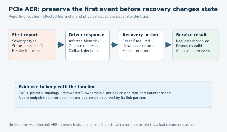 A PCIe AER timeline separates first report, driver response, recovery action and application result, preserving topology and counter scope throughout.