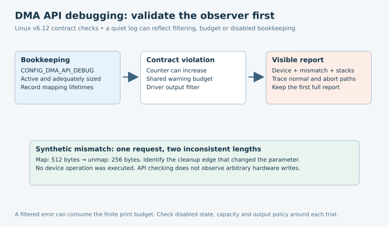 DMA debugging flows from active bookkeeping through a contract violation and shared output controls to a visible report, with a synthetic map-length mismatch.