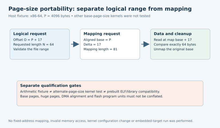 A logical file request at one page plus 17 bytes is translated into an aligned mapping with delta 17 and length 81 for 64 requested bytes.