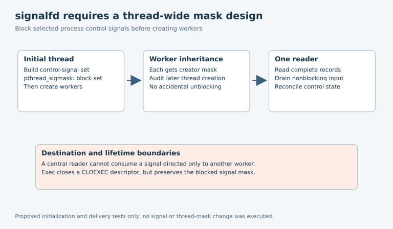 The initial thread blocks the selected signal set before workers inherit it; one signalfd reader consumes records, with separate warnings about thread-directed signals and exec mask inheritance.