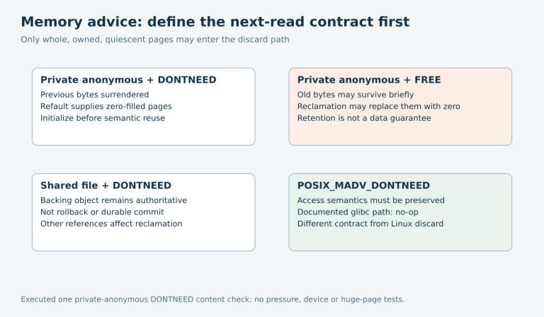Four mapping/advice combinations distinguish anonymous zero-fill, lazy discard, shared backing-object refault and semantics-preserving POSIX advice.