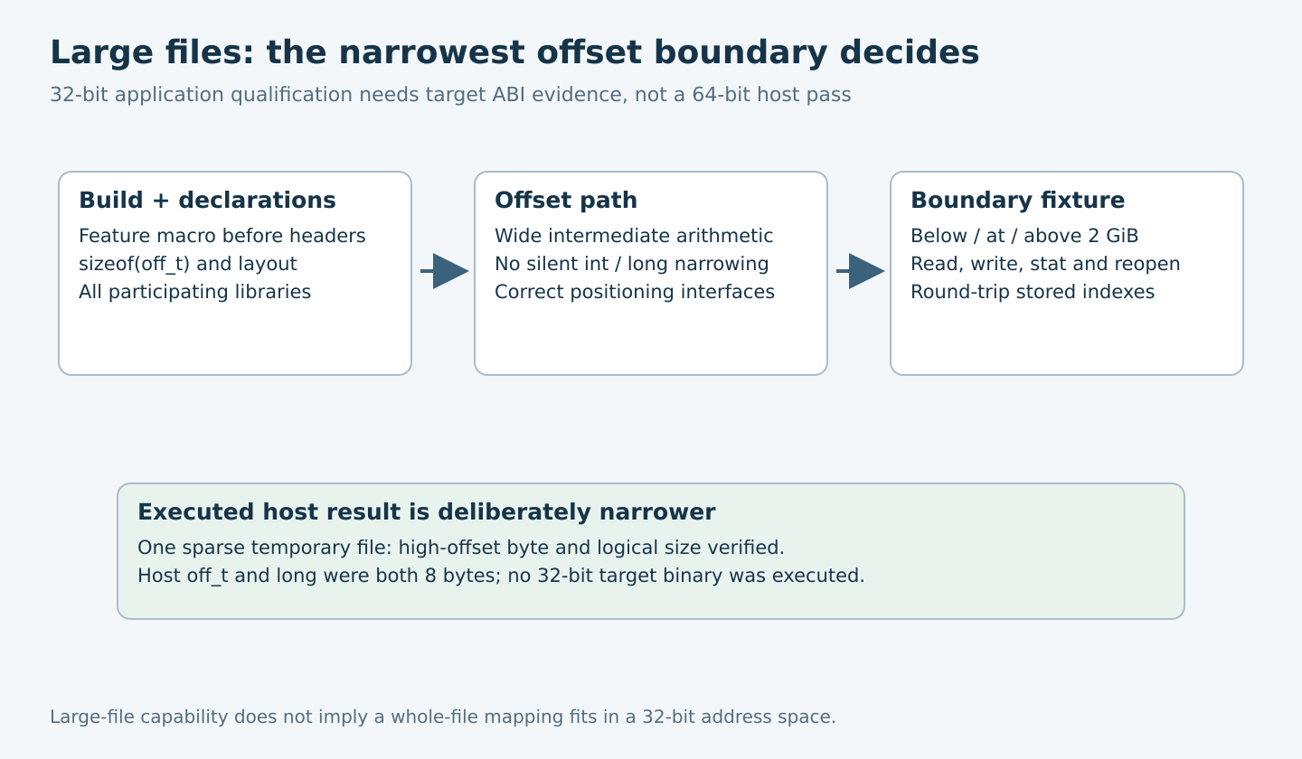 Three stages audit build declarations, every offset conversion and boundary tests, with a separate box limiting the executed sparse-file result to a 64-bit host.