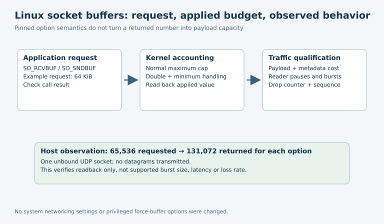 Three stages separate the requested socket buffer from capped and doubled kernel accounting and real traffic qualification, with an explicitly limited host readback result.