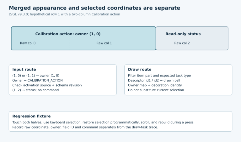 A merged Calibration action spans raw columns zero and one, both mapping to owner one-zero; a separate status cell and draw route preserve distinct identities.