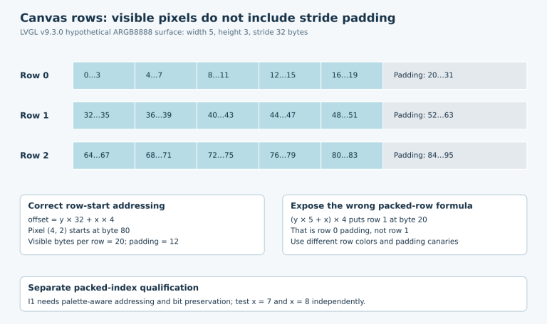 Three padded ARGB8888 rows show visible byte ranges and padding, with correct and incorrect address formulas and a separate I1 boundary test.